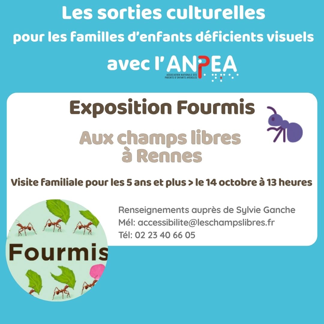 Les sorties culturelles pour les familles d'enfants déficients visuels avec l'ANPEA. Exposition fourmis aux champs libres à Rennes : 14 octobre à 13h00. Renseignements auprès de Sylvie Ganche Mél: accessibilite@leschampslibres.fr - 02 23 40 66 05